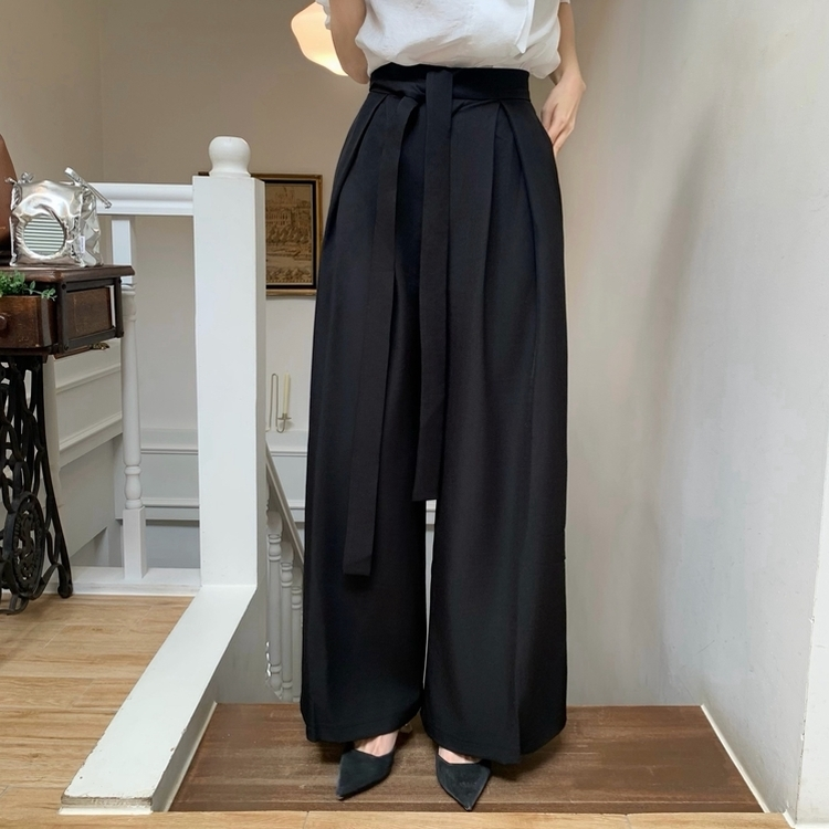 タイ付きワイドピンテックロングスラックス BLACK