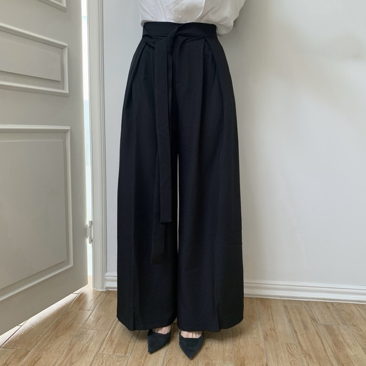 タイ付きワイドピンテックロングスラックス BLACK