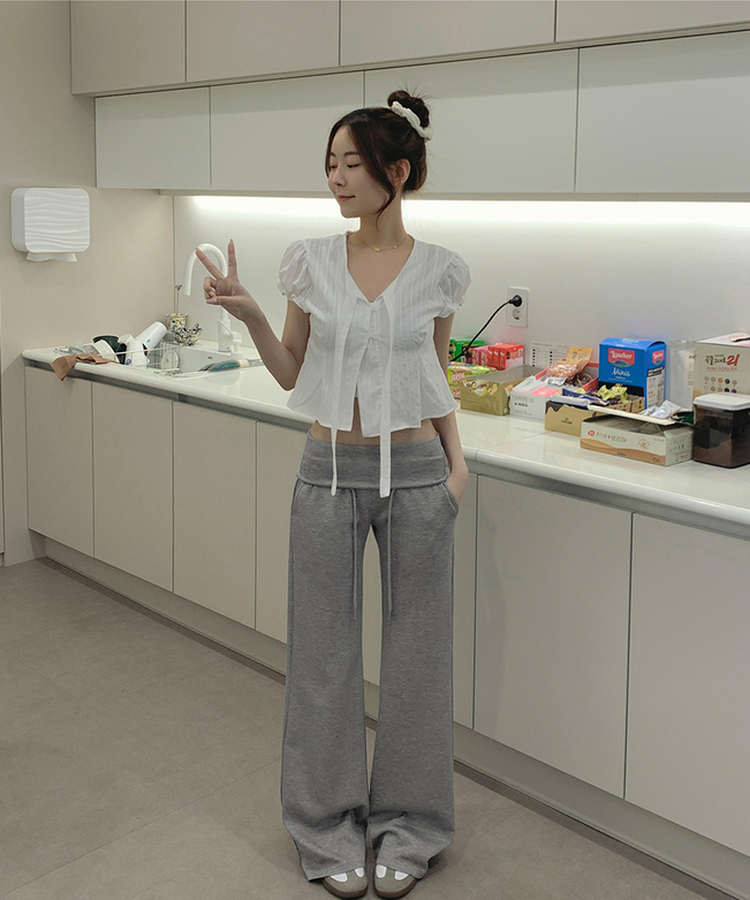 XL찰랑 폴드 로우라이즈 부츠컷 밴딩 팬츠 그레이