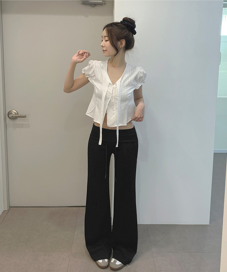XL찰랑 폴드 로우라이즈 부츠컷 밴딩 팬츠 블랙