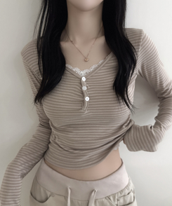 ボーダーボタンVネック長袖Tシャツ BEIGE