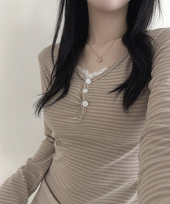 ボーダーボタンVネック長袖Tシャツ BEIGE