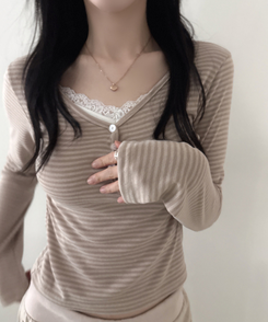 ボーダーボタンVネック長袖Tシャツ BEIGE