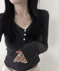 ボーダーボタンVネック長袖Tシャツ BLACK