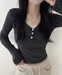 ボーダーボタンVネック長袖Tシャツ BLACK