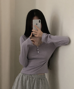 ボーダーボタンVネック長袖Tシャツ PURPLE