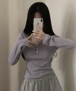 ボーダーボタンVネック長袖Tシャツ PURPLE