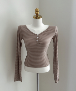 ボーダーボタンVネック長袖Tシャツ