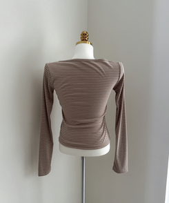 ボーダーボタンVネック長袖Tシャツ