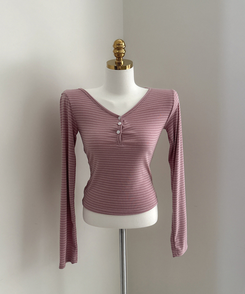 ボーダーボタンVネック長袖Tシャツ