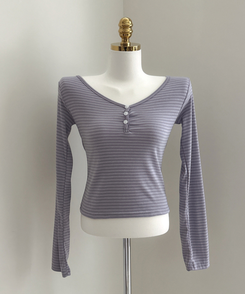 ボーダーボタンVネック長袖Tシャツ