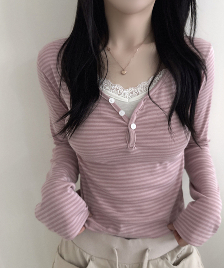 ボーダーボタンVネック長袖Tシャツ PINK