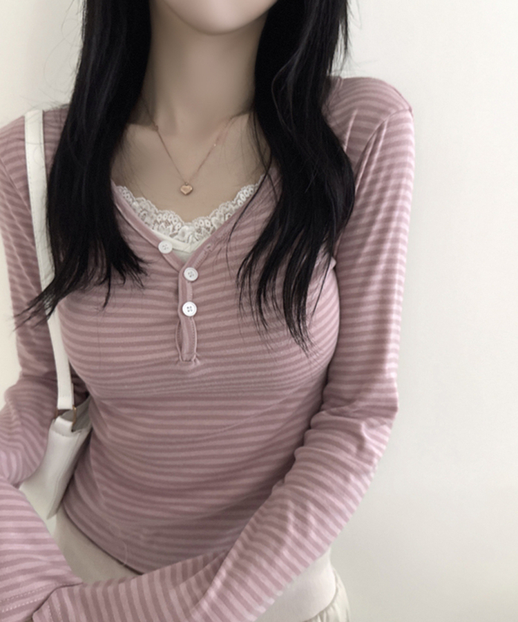 ボーダーボタンVネック長袖Tシャツ PINK