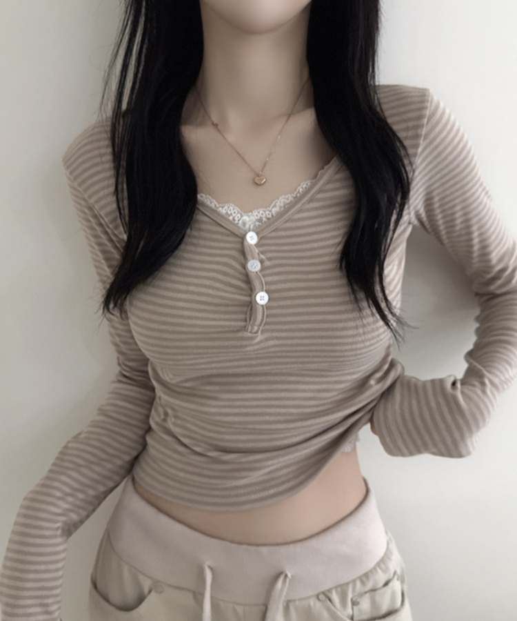 ボーダーボタンVネック長袖Tシャツ BEIGE