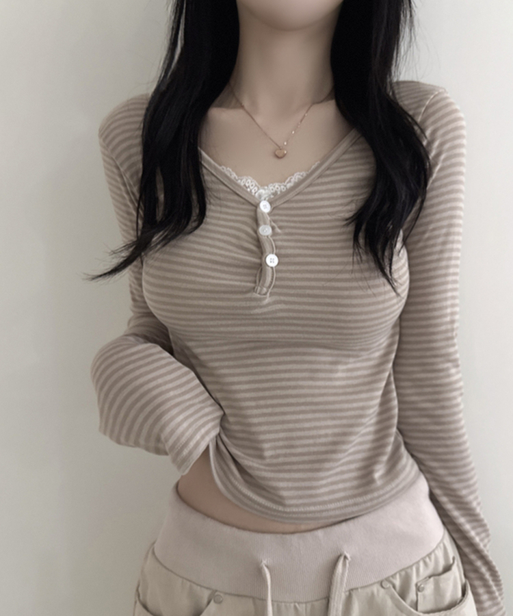 ボーダーボタンVネック長袖Tシャツ BEIGE