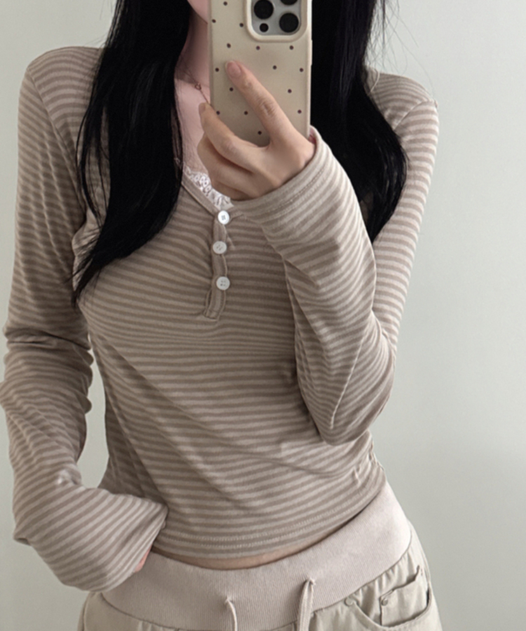 ボーダーボタンVネック長袖Tシャツ BEIGE