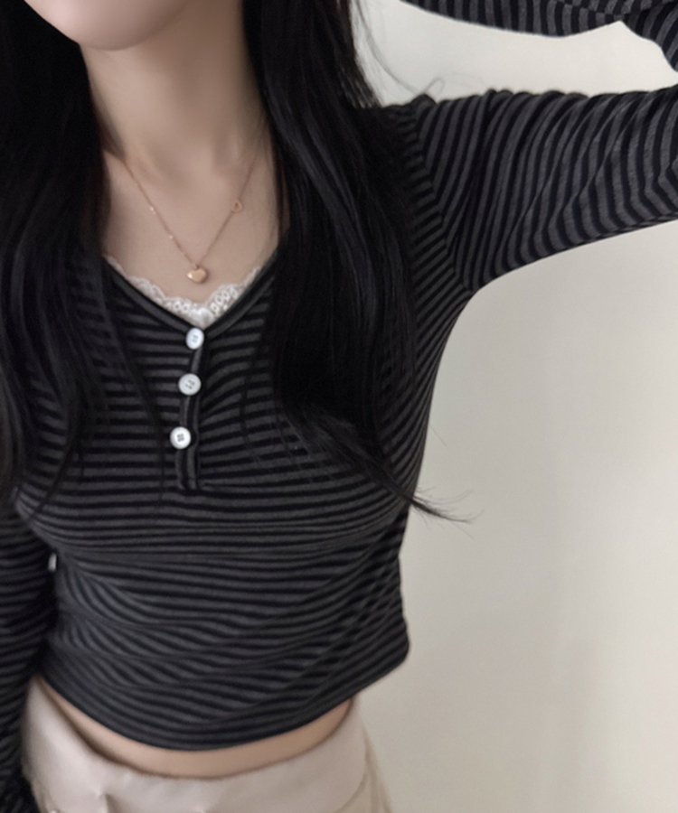 ボーダーボタンVネック長袖Tシャツ BLACK