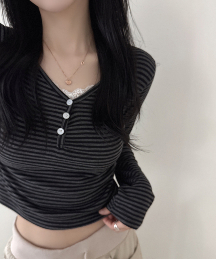 ボーダーボタンVネック長袖Tシャツ BLACK