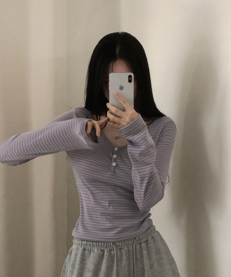 ボーダーボタンVネック長袖Tシャツ PURPLE
