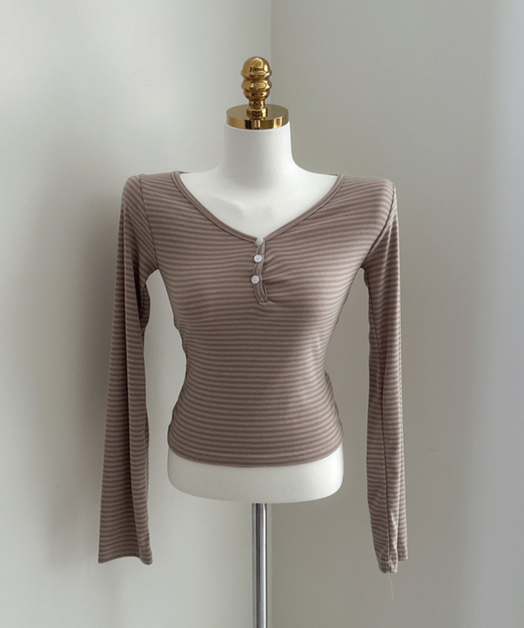 ボーダーボタンVネック長袖Tシャツ