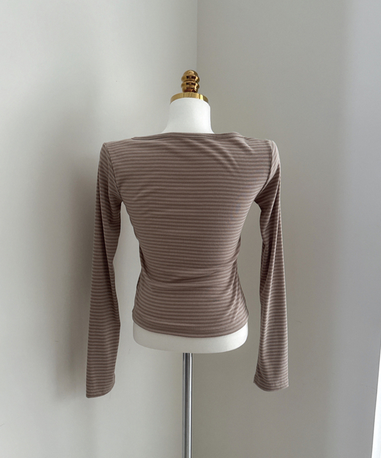 ボーダーボタンVネック長袖Tシャツ