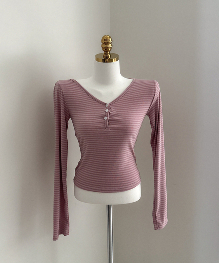 ボーダーボタンVネック長袖Tシャツ