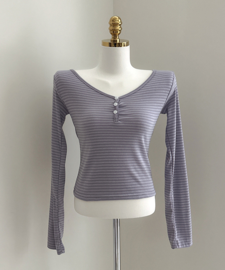 ボーダーボタンVネック長袖Tシャツ