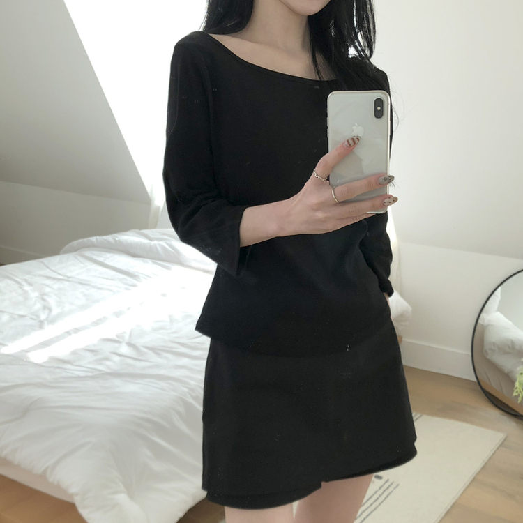 ベーシック7分丈コットンTシャツ BLACK