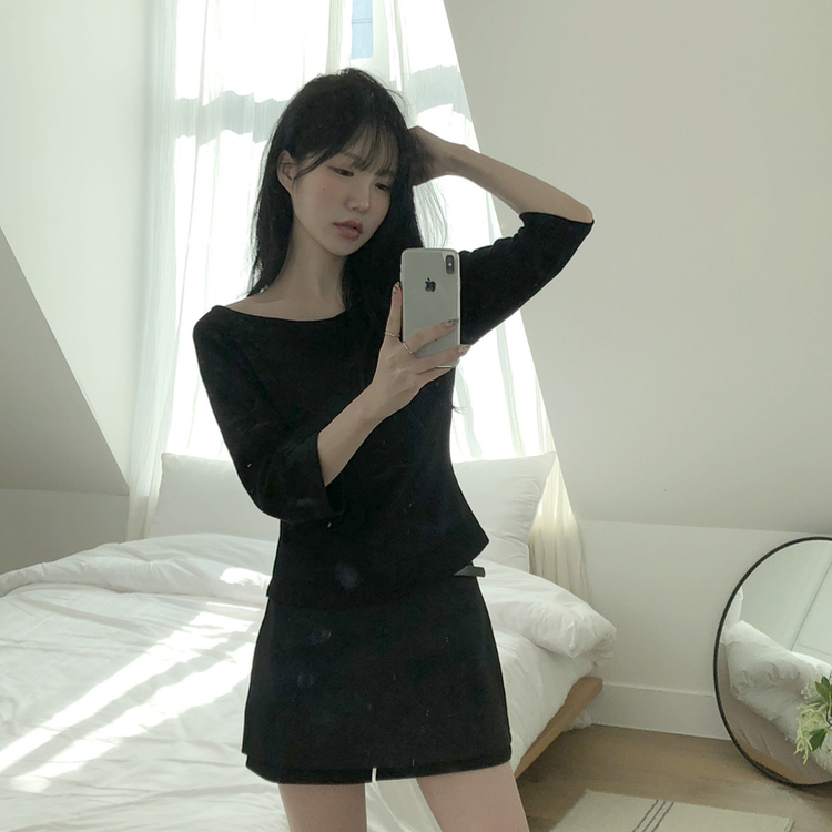 ベーシック7分丈コットンTシャツ BLACK