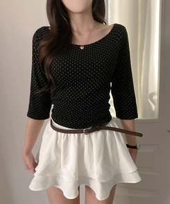 7分丈ドットボートネックTシャツ BLACK