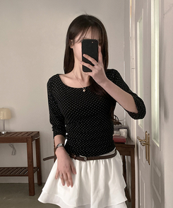 7分丈ドットボートネックTシャツ BLACK