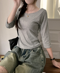 7分丈ドットボートネックTシャツ GREY