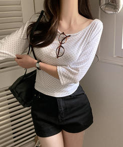 7分丈ドットボートネックTシャツ IVORY