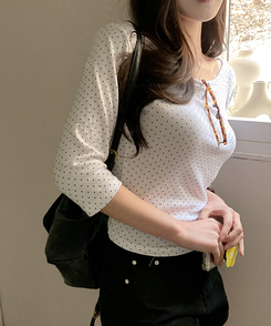 7分丈ドットボートネックTシャツ IVORY