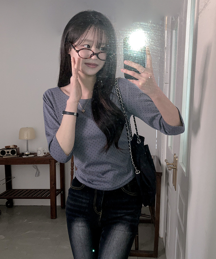 7分丈ドットボートネックTシャツ CHARCOAL