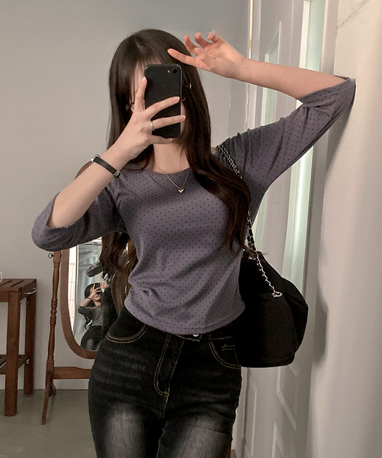 7分丈ドットボートネックTシャツ CHARCOAL