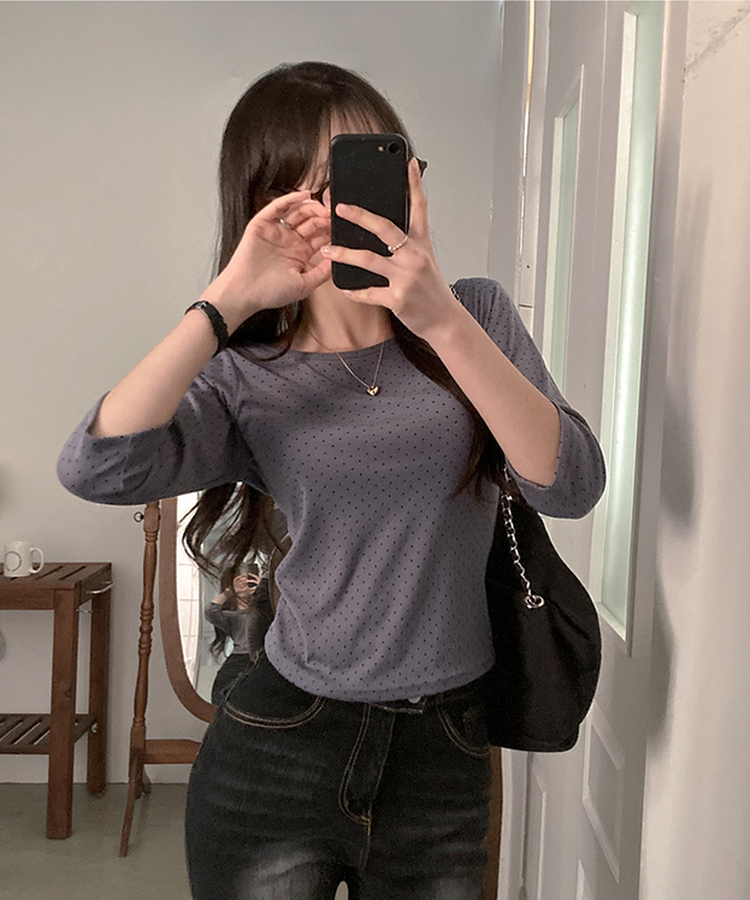 7分丈ドットボートネックTシャツ CHARCOAL