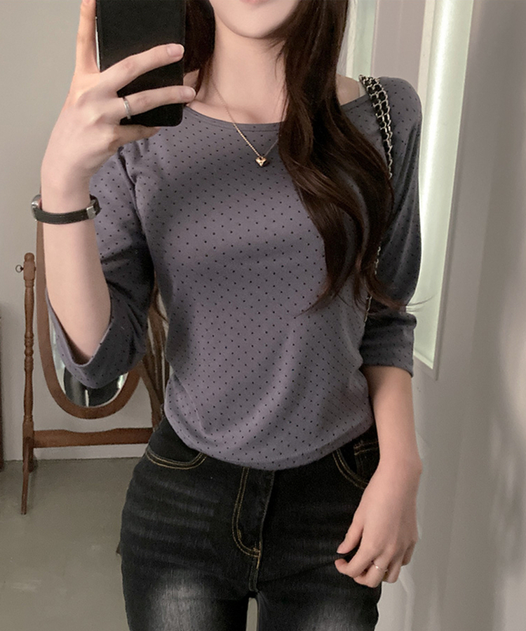 7分丈ドットボートネックTシャツ CHARCOAL