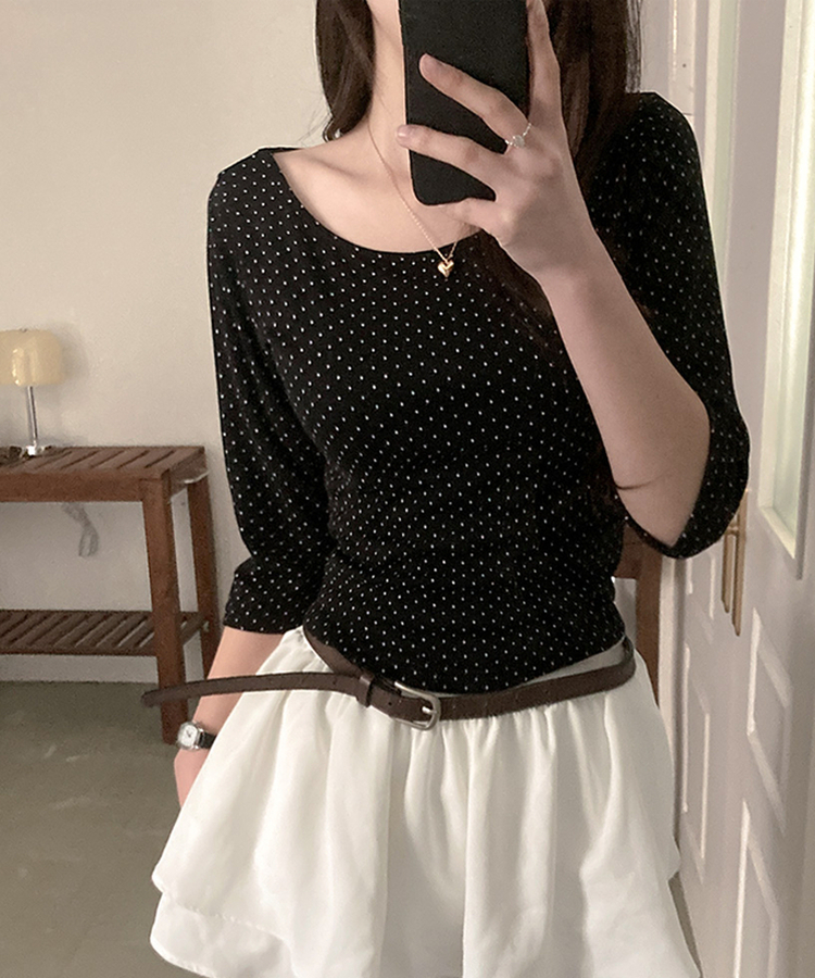 7分丈ドットボートネックTシャツ BLACK