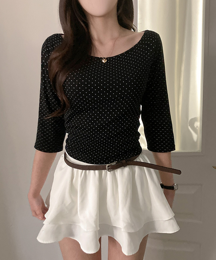 7分丈ドットボートネックTシャツ BLACK