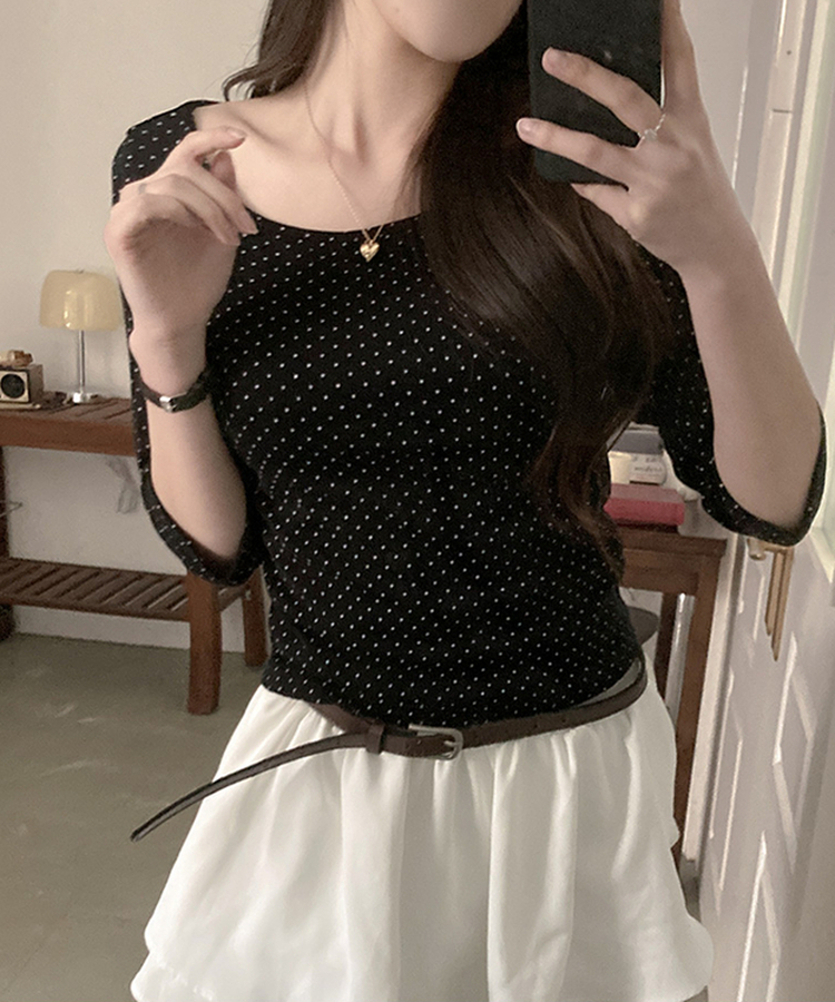 7分丈ドットボートネックTシャツ BLACK