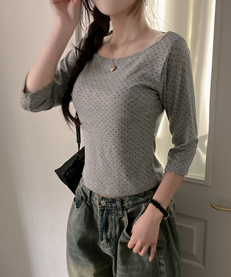 7分丈ドットボートネックTシャツ GREY