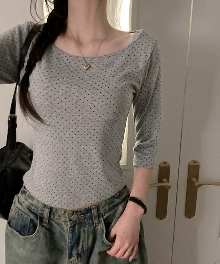 7分丈ドットボートネックTシャツ GREY