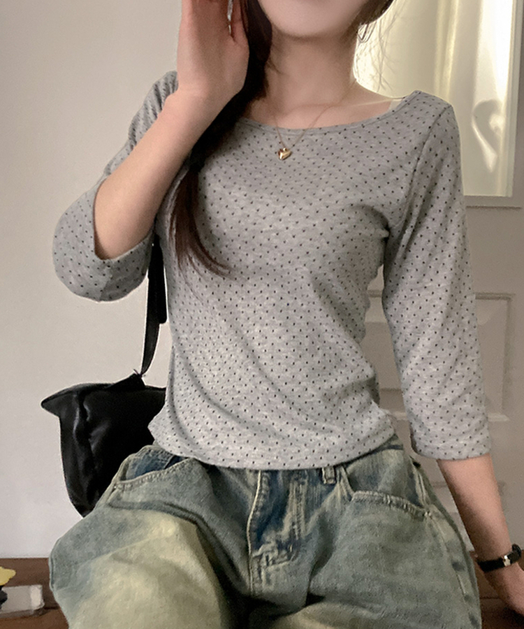 7分丈ドットボートネックTシャツ GREY