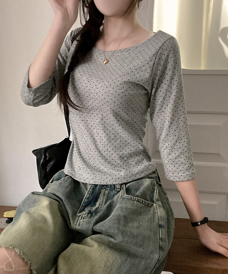 7分丈ドットボートネックTシャツ GREY