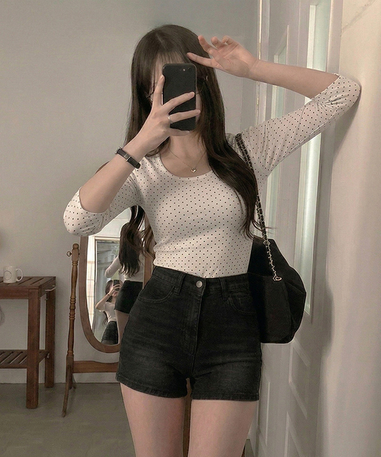 7分丈ドットボートネックTシャツ IVORY