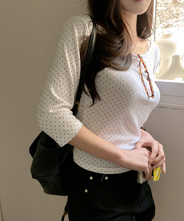 7分丈ドットボートネックTシャツ IVORY