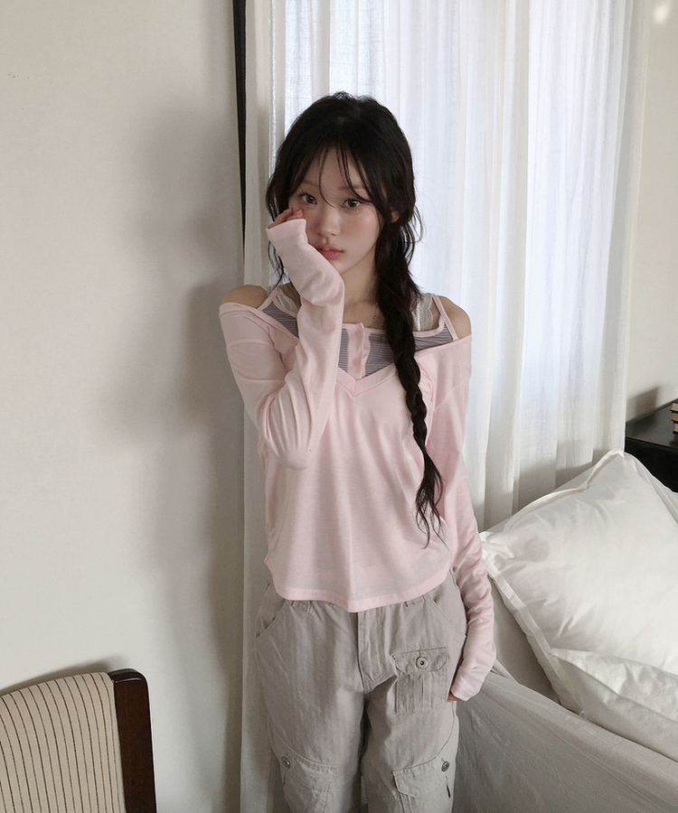 レイヤードVネックトップス PINK