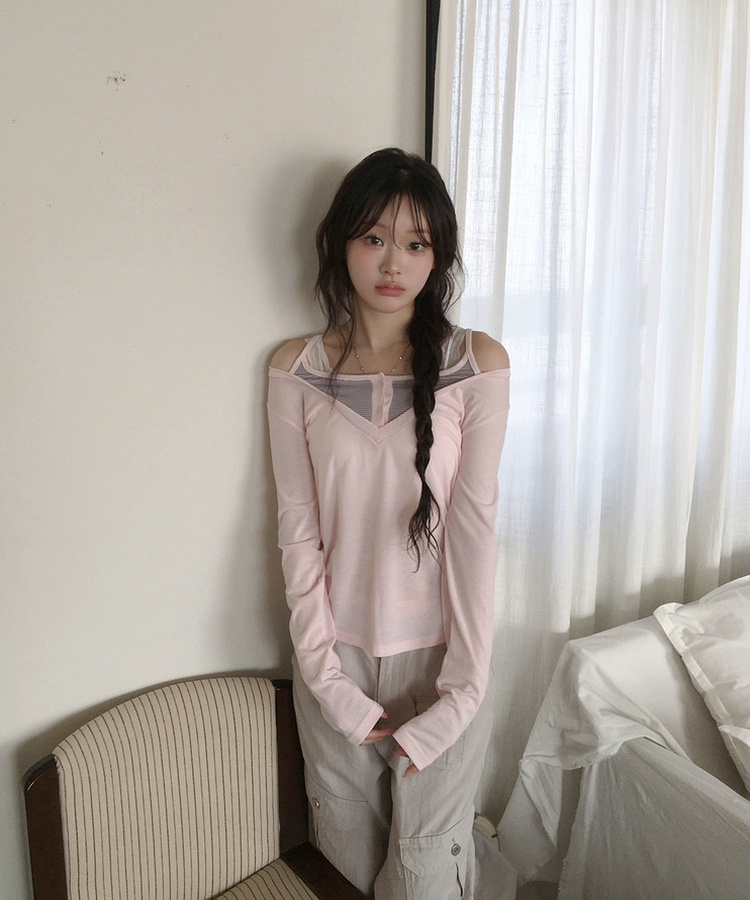 レイヤードVネックトップス PINK