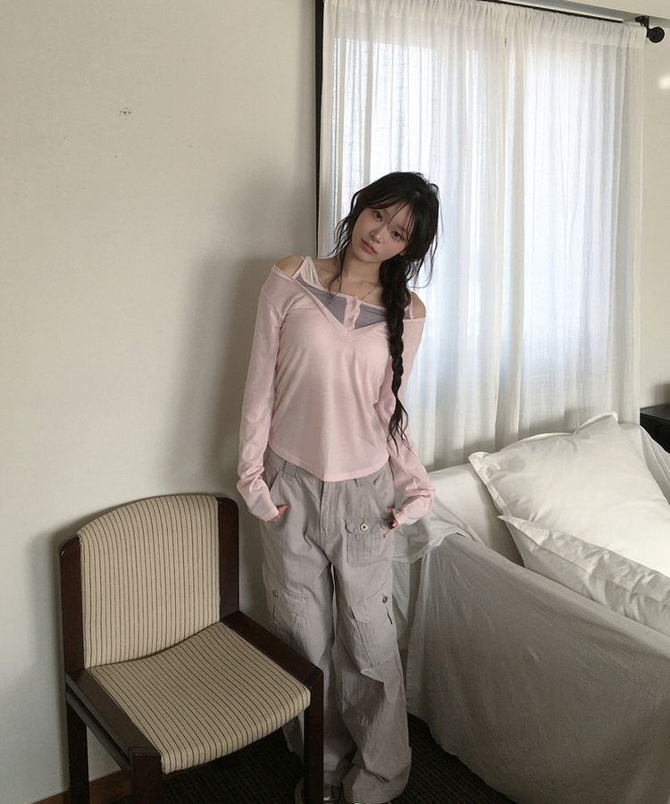 レイヤードVネックトップス PINK